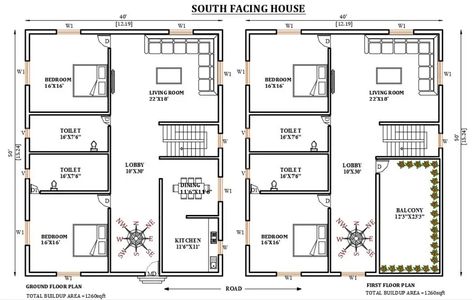 40’x50’ south facing house plan is given in this Autocad drawing file. Download the Autocad drawing file. - Cadbull South Facing House Plan, Internal Staircase, South Facing House, 2bhk House Plan, Bungalow Floor Plans, Duplex Plans, Civil Engineering Design, Duplex House Plans, Duplex House