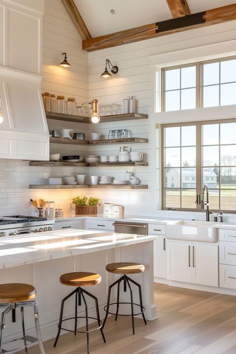 Small Space, Big Style: Farmhouse Kitchen Ideas - Quiet Minimal Small Kitchens With Islands, White Farmhouse Kitchen Ideas, Small White Farmhouse, Simple Farmhouse Kitchen, White Farmhouse Kitchen, Innovative Design Ideas, Small Farmhouse Kitchen, Farmhouse Kitchen Ideas, Small Kitchen Island