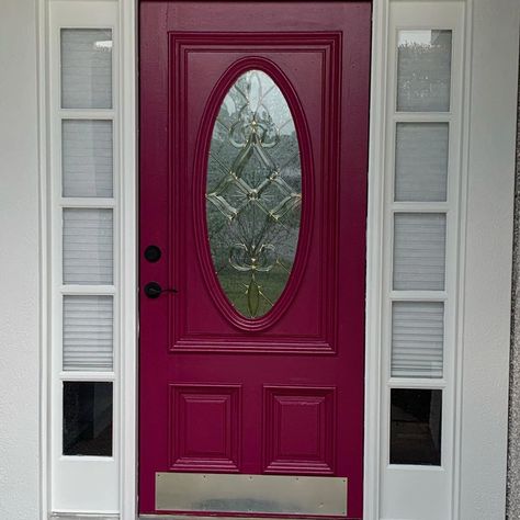 Sherwin Williams Framboise SW 6566 front door Maroon Exterior Doors, Raspberry Front Door Colors, Fuchsia Front Door, Berry Front Door, Burgundy Front Door Colors, Sherwin Williams Juneberry, Forward Fuschia Sherwin Williams, Framboise Sherwin Williams, Fuschia Front Door