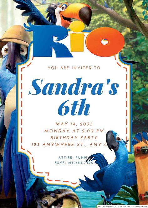 Download Now 20+ Rio Canva Birthday Invitation Templates Is your child a fan of Rio, the hit animated film about a group of colorful birds on an adventure in Brazil? Then why not throw them a Rio-themed birthday party that's just as lively and fun? With our... Rio Birthday Parties, Bird Theme Parties, Rio Party, Christening Decorations, Bird Theme, Party Venues, Third Birthday, Food Themes, Colorful Birds