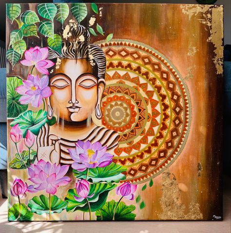 60x60cm canvas Acrylic painting of Buddha and Mandala mix with lotus and leaves also added some gold leaf for shine😊 Buddha Lotus Painting, Lotus Painting Acrylic, Painting Of Buddha, Fabric Canvas Art, Mandala Making, Figure Drawing Tutorial, Pond Painting, Canvas Acrylic Painting, Indian Theme