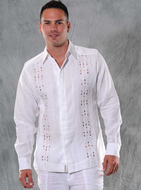 Guayabera Linen for wedding. Long sleeve White and Brown. Embroidered. - Guayabera Italian Linen for wedding. Sublime soft fabric.Availability is subject to change. It may take 2 - 3 weeks to arrival.Convertible cuff.Available in Plus Size. White Guayabera Outfit, Guayabera Wedding, Guayabera Dress, Mens Beach Wedding Attire, Cuban Shirts, Beach Wedding Attire, Mens Wedding Attire, Boat Wedding, Tropical Outfit