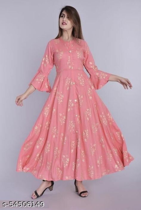 Foil Print Kurti, Floor Length Kurti, Women Dresses Classy, Printed Gowns, Kurta Designs Women, Pink Gowns, Elegant Saree, Ladies Gown, Rayon Dress