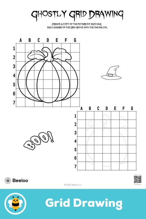 Medium halloween-themed grid drawing for kids ages 5 and up Fall Grid Pattern, Grid Drawing, Coordinate Grid, Pumpkin Drawing, Crafts And Activities For Kids, Art Worksheets, Printable Crafts, Drawing Skills, Halloween Activities