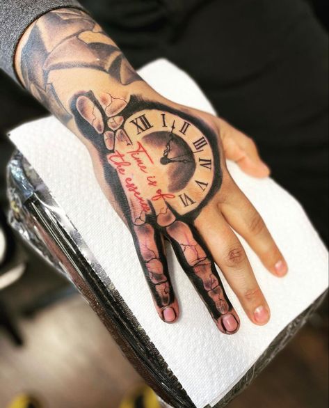 Full Hand And Finger Tattoos For Women, Clock Hand Tattoos For Women, Light Skin Tattoo, Thug Tattoos For Women Hand, Memorial Hand Tattoos, Hand And Arm Tattoos For Women, Clock Hand Tattoo, Hand Tats Men, Boys Hand Tattoo