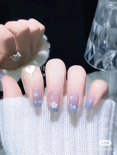 Korean Cute Nail Art, Korean Nail Art Aesthetic Pastel, Korean Aesthetic Nails, Korean Style Nails Art, Cute Asian Nails, Purple Korean Nails, Korean Nail Ideas, Blue Douyin Nails, Simple Korean Nails