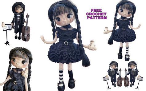 Amigurumi Wednesday Doll Free Crochet Pattern - Amigurumi Wednesday Crochet Doll Pattern, Crochet Wednesday Doll Free Pattern, Wednesday Crochet Pattern, Wednesday Addams Crochet Free Pattern, Crochet Wednesday Doll, Wednesday Crochet, Crochet Dolls Patterns, Wednesday Doll, Doll Free Crochet Pattern