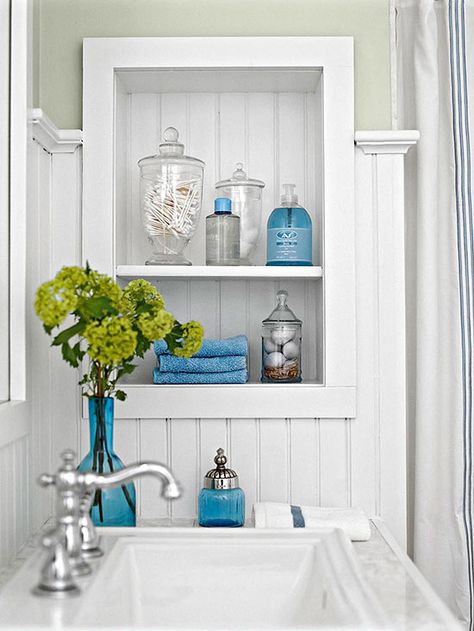 shelves inserted between studs and trimmed out. This would be perfect in the bathroom for some built-in storage! Bathroom Vanity Remodel, Budget Remodel, Rustic Bathroom Vanities, Bathroom Storage Solutions, Budget Bathroom, Bathroom Redo, Tiny Bathroom, Bathroom Renos, Rustic Bathroom