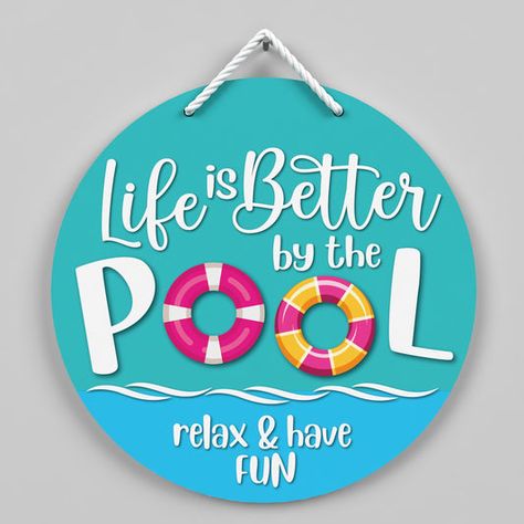 Pool Signs Diy, Backyard Pool Decor, Pool Backyard, Door Signs Diy, Pool Outdoor, Pool Signs, Wooden Door Signs, Pool Decor, Pool Time