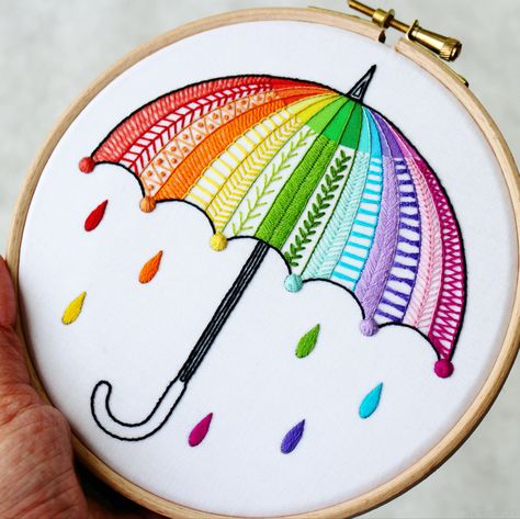 “Let a smile be your umbrella on a rainy day!”☔️😀🌈 #smile #umbrella #rainyday #rainbow #umbrellaembroidery #embroiderysampler #17stitches #embroiderystitches #embroidery #handembroidery #embroideryart #rainbowembroidery #dmcthreads #modernembroidery #stitching #doitfortheprocess #raindrops #etsy #etsyuk #theembroiderycart #diykit #diycrafts #handmade #stickerei #diyembroidery #learnembroidery #beginnerembroidery #bordado #broderie #embroiderykit Feather Stitch Motif, Herring Bone Embroidery Design, Herringbone Embroidery Design, Herringbone Stitch Embroidery Designs, Feather Stitch Embroidery Design, Herringbone Stitch Embroidery, Embroidery Umbrella, Umbrella Embroidery, Simple Hand Embroidery Designs