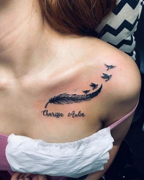 Tattoos Between Breast, Pulse Tattoo, Memorial Tattoo Designs, Clavicle Tattoo, Private Tattoos, Small Shoulder Tattoos, Girl Back Tattoos, Feather Tattoo Design, Bull Tattoos