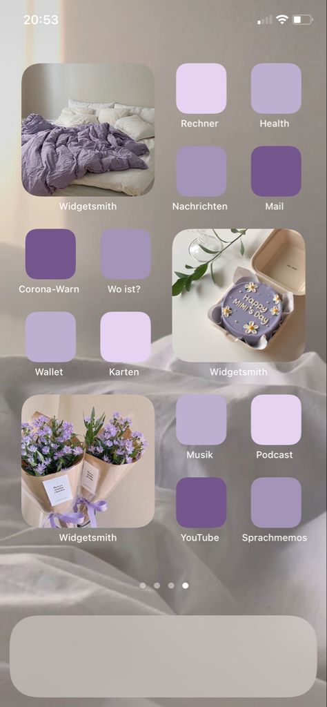 Ios 16 Home Screen Ideas Purple, Lavender Homescreen, Baby Pink Wallpaper Iphone, Light Purple Wallpaper, Aesthetic Homescreen, Cute Home Screens, My Melody Wallpaper, Iphone Wallpaper Ios, Iphone Home Screen Layout