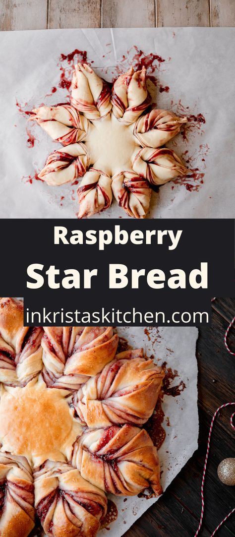 This Star Bread is filled with a raspberry almond filling and is so fun for the holidays. It's a pull apart bread that can be used for an appetizer or dessert. Making this bread into a star is MUCH easier than you think, I promise! Bring Star Bread to all of your holiday get togethers and be the star of the show! Chocolate Filled Bread, Fancy Bread Shapes, Sourdough Star Bread, Valentines Bread, Fun Bread Recipes, Red Pepper Bread, Fancy Christmas Desserts, Rhodes Bread Dough Recipes, Nutella Star Bread