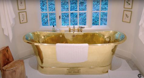 Gold Tub, Kendall Jenner House, Kendall Jenner News, Architectural Digest Magazine, Jenner House, Elegant Tiles, At Home Movie Theater, Glam Room, Light Sculpture