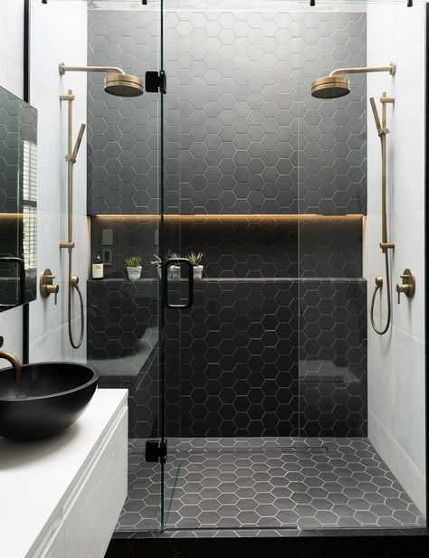 Gray hexagon tiles 3” for walls, black 3” for shower floor, black 6” for main floor #bathroom ideas Drømme Bad, Bathroom Shower Tile, Small Bathrooms, Trendy Bathroom, Shower Remodel, Grey Bathrooms, Tile Ideas, Glass Shower, Black Bathroom