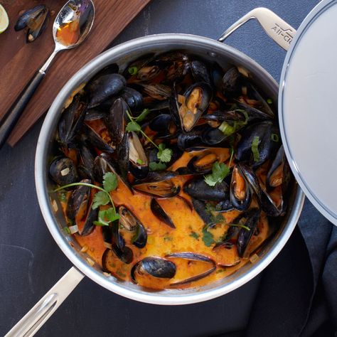 This recipe takes advantage of prepared red curry paste for its vibrant color. Serve the mussels with a loaf of crusty bread so that you can sop up all of the delicious liquid. Coconut Curry Mussels, Curry Mussels, Mussels Recipe, Red Curry Paste, Coconut Curry, Curry Paste, Crusty Bread, Seafood Dishes, Williams Sonoma