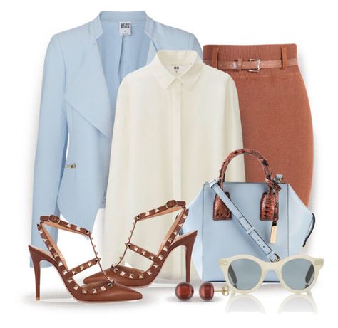 "freshday" by jiabao-krohn ❤ liked on Polyvore featuring Vero Moda, Uniqlo, STELLA McCARTNEY, Valentino, Cutler and Gross and Miadora Valentino Pumps, Baby Blue Sweater, Balmain Blazer, Blue Denim Shirt, Studded Heels, Classy Casual, Blue Outfit, Fall Fashion Trends, Color Combo