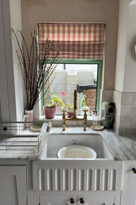 Roman Blinds And Curtains Together, Gingham Roller Blinds, Gingham Kitchen Curtains, Gingham Roman Blind, Kitchen Door Curtains, Patterned Roman Blinds Kitchen, Ticking Stripe Roman Blind, Kitchen Roman Shades, Blinds And Curtains Together