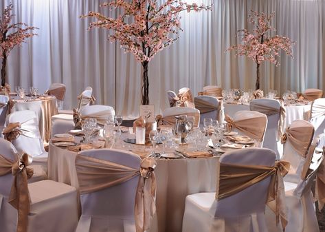 Bronze wedding chair sashes Bronze Wedding Decorations, Blossom Tree Wedding, Tree Wedding Centerpieces, Prince Wedding, Cherry Blossom Theme, Wedding Chair Sashes, Rusting Wedding, Wedding Themes Spring, Bronze Wedding