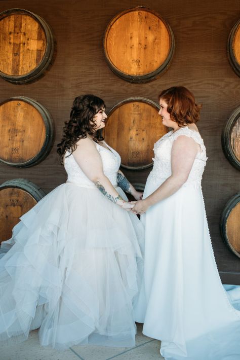 Two beautiful plus size brides got married at a winery in Temecula, California. One wore a cap sleeve lace bodice chiffon aline wedding dress. The other rocked a beaded bodice ballgown with textured ruffle skirt in blush pink. Gorgeous! #plussizebride #strutbridal #winerywedding #blushweddingdress #uniqueweddingdress #plussizeweddingdress #plussizebride #plussizeengagement #twobrides Mary Lawless Lee Pregnant, California Winery Wedding, Wedding Dress Prices, Wedding Dress Silhouette, Blush Wedding Dress, Plus Size Brides, Aline Wedding Dress, Two Brides, Trumpet Wedding Dress