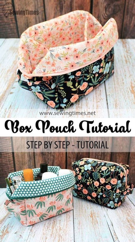 DIY Zippered Box Pouch | Easy way to make cosmetic organizer [sewingtimes] Syprosjekter For Nybegynnere, Diy Trousse, Boxy Bags, Sac Diy, Sewing Machine Projects, Sewing Pattern Shop, Tote Bags Sewing, Sew Ins, Sewing Tutorials Free