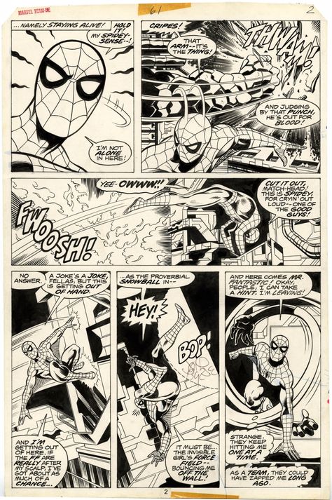 MARVEL TEAM-UP #61 PAGE ( 1977, JOHN BYRNE ) PRIME ERA BYRNE PAGE WITH SPIDER-MAN IN EVERY PANEL FENDING OFF AN ATTACK BY THE SUPER-SKRULL Comic Art Manga Spiderman, Black And White Comic Art, Spiderman Comic Books, Spiderman Poster, Party Prizes, Comic Book Art Style, John Byrne, Comic Book Panels, Pahlawan Marvel