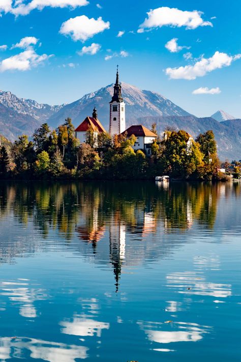 Autumnal photograph of the Assumption of Maria Church on Lake Bled, Slovenia in autumn Slovenia Beach, Slovenia Landscape, Lake Bled Winter, Lake Bled Slovenia, Jordan Photography, Slovenia Bled Lake, Bled Slovenia, Lake Bled, Christian Stuff