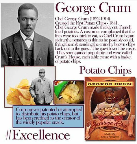 George Crum. Potato chip creator. George Crum, Black Inventors, February Lessons, African American Inventors, African American History Facts, Potato Chip, History Education, History Projects, Inventors