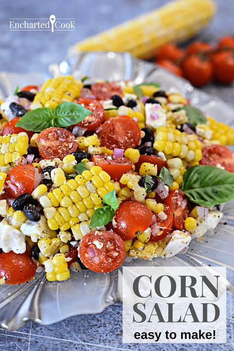 Corn Salad is bursting with summer goodness with fresh corn, cherry tomatoes, black beans, and feta cheese in a homemade lime vinaigrette. Corn Salad With Feta Cheese, Summer Salad With Corn, Salads For Bbq Parties Side Dishes, Salads With Cherry Tomatoes, Recipes Using Fresh Corn, Cherry Tomato Recipes Salad, Cherry Tomatoes Recipes Salad, Salad With Fresh Corn, Roasted Corn Salad