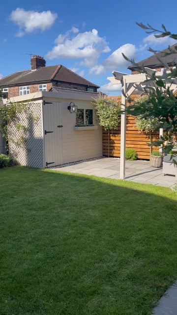 Beige Shed Ideas, Trellis On Shed Ideas, Natural Stone Cuprinol, Cuprinol Natural Stone Fence, Cream Shed, Cuprinol Natural Stone, Painted Sheds, Fence Colours, Garden Sheds Uk