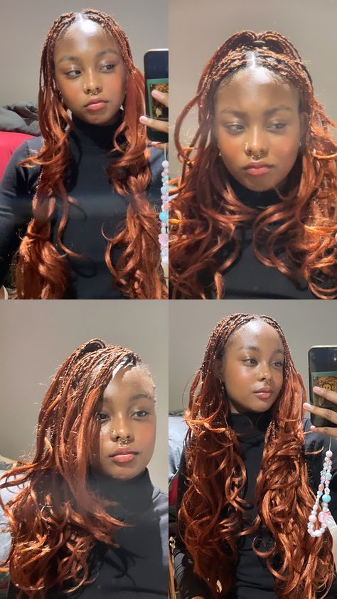 Ginger Braids With French Curls, Ginger Spanish Curl Braids, Dark Red French Curl Braids, Ginger Layered Braids, Layered French Curl Braids Ginger, French Curl, Braids With Curls, Cute Box Braids Hairstyles, Hair Stylies