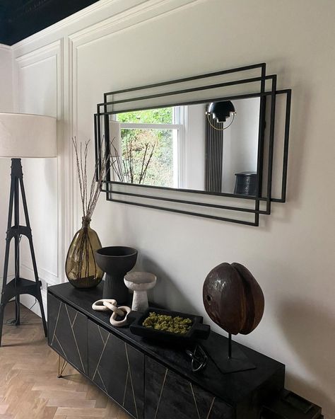 Industrial Mirrors Living Room, Industrial Living Room Mirror, Black Industrial Mirror Living Room, Black Rectangular Mirror Living Room, Large Mirror Industrial, Wall Mirror Decor Living Room, Mirror Dining Room, Metal Frame Mirror, Living Room Decor Inspiration