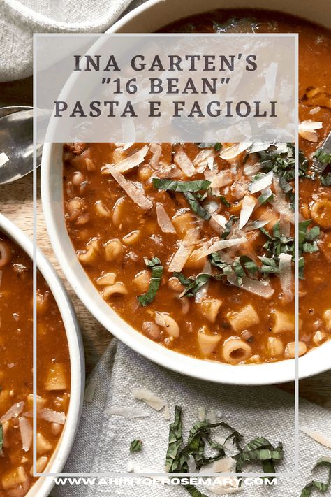 Hearty and flavorful, a bowl of Ina Garten's "16 Bean" Pasta e Fagioli is sure to warm you up on a chilly winter evening. The full-bodied tomato base is laced with bits of delicious pancetta and pasta along with the plentiful beans. ♡ A Hint of Rosemary #soup #soups #stews #dinner #pasta #hearty #ahintofrosemary #pastaefagioli 16 Bean Soup, Rosemary Soup, Pasta Fagioli Recipe, Pasta Fagioli Soup, Pasta E Fagioli Soup, Dinner Pasta, Bean Pasta, Ina Garten Recipes, Pasta Fagioli