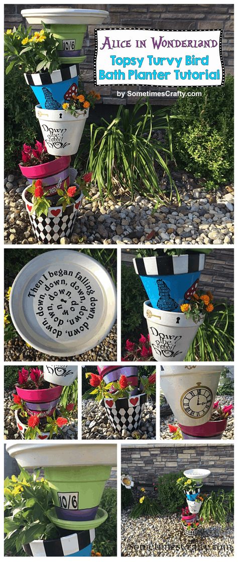 DIY Alice in Wonderland Topsy Turvy Flower Planter + Bird Bath Tutorial - Sometimes Crafty Disney Landscaping, Topsy Turvy Planter, Bird Bath Ideas, Bird Bath Planter, Celestial Garden, Alice In Wonderland Garden, Upcycled Garden, Disney Garden, Diy Bird Bath