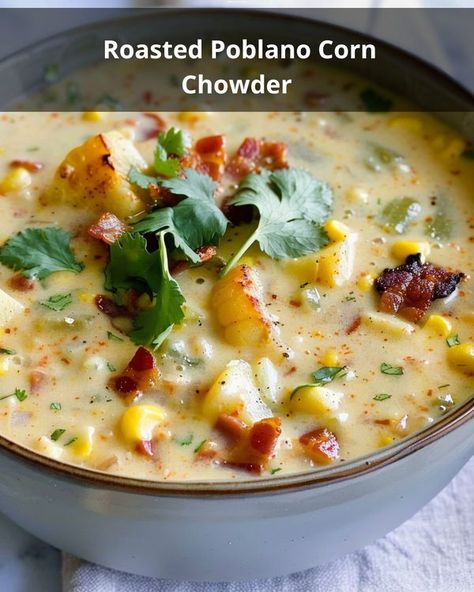 Fast Recipes Vista | a delicious and comforting Roasted Poblano Corn Chowder recipe that’s perfect for a cozy meal | Facebook Poblano Corn Chowder Recipe, Poblano Corn Chowder, Corn Poblano, Poblano Corn, Roasted Poblano, Corn Chowder Recipe, Poblano Peppers, Chowder Recipe, Fast Recipes