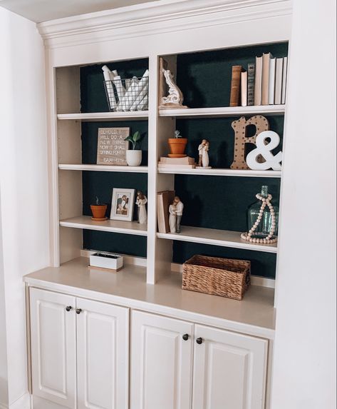 We gave our built in shelves a little more character with some black paint. Old Built In Shelves Makeover, Built In Cabinet Makeover, Built In Bookshelf Makeover, Built In Makeover, Painted Built Ins, White Built Ins, Shelf Makeover, Office Shelves, Bookshelf Makeover