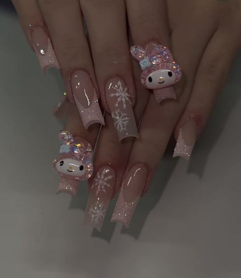 Pink Hello Kitty Christmas Nails, Winter Sanrio Nails, Christmas Sanrio Nails, My Melody Acrylic Nails, Hello Kitty Nails Christmas, Winter Hello Kitty Nails, Christmas Nails Hello Kitty, Sanrio Christmas Nails, Pink Nails Winter