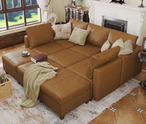 PRICES MAY VARY. Easy to Clean Faux Leather Modular Couch:The color of this modular couch is beautiful and goes with a variety of home decor styles.It is easy to dust and messes are super easy to clean,you just wipe it up with a paper towel and it came right off. Sectional Sofa with Limitless Imagination:This modular sofa set is super easy to assemble and you can create different combinations from the pieces that you have.It can be used as L shaped sofa or U shaped couch or a guest bed for sleep Saddle Leather Couch, Comfortable Sectional Sofa Living Room, Leather Couch Small Living Room, Deep Leather Couch, Leather Couch Living Room, Sofa Bed Sectional, Tan Leather Couch, Comfortable Sectional Sofa, Sectional Sofa Bed