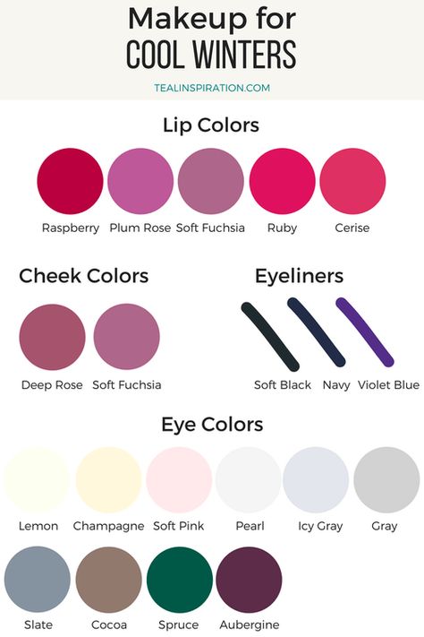 Cool Winter Makeup Colors Warm Spring Makeup, Winter Make-up, Warm Spring Color Palette, Soft Autumn Makeup, Teal Inspiration, Light Spring Color Palette, Winter Make Up, Deep Winter Palette, Cool Winter Color Palette