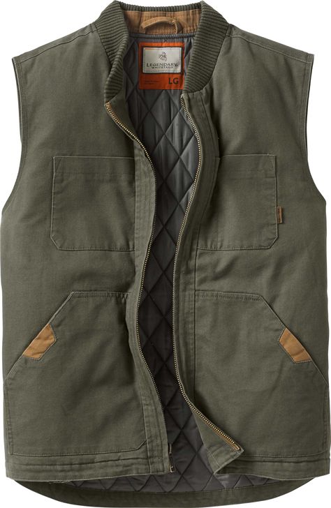 Rugged with a broken-in feel, this unique vest is made from heavy duty soft-washed 100% cotton canvas with a warm insulated lining.  Features two exterior snap closure pockets for extra warmth and storage, and double stitched siding to ensure this vest will last from season to season. Full Zip front with high quality Signature Buck metal zipper. Workwear Vest, Canvas Vest, Mens Outdoor Clothing, Mens Vests, White Tail, Hunting Clothes, Vests Mens, Vest Fashion, Mens Swim Trunks