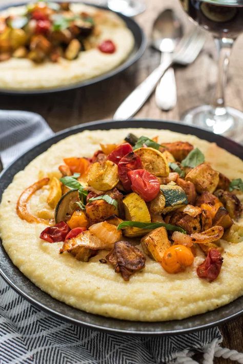 Roasted Vegetable Polenta Bowls | NeighborFood Cheddar Polenta, Polenta Bowls, Polenta Bowl, Roasted Summer Vegetables, Cheesy Polenta, Polenta Recipes, Food Vegetarian, Summer Veggies, Roasted Vegetable