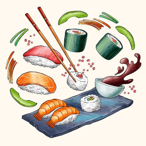 Sushi Illustration Graphics, Sushi Art Drawing, Sushi Sketch, Sushi Painting, Sushi Tattoo, Sushi Vector, Sushi Illustration, Sushi Drawing, Kawaii Watercolor