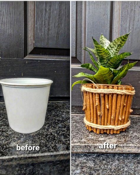 Upcycle Plastic Plant Pots, Plastic Plant Pots Makeover, Coffee Can Diy Projects, Plastic Coffee Cans, Upcycled Planter, Painted Planter, Upcycle Plastic, Hand Painted Planter, Plant Pot Design