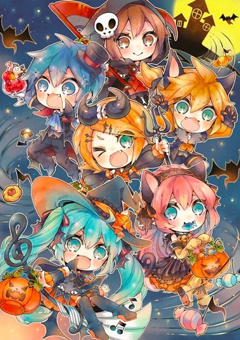 HAPPY HALLOWEEN Cute Halloween Pictures, Miku Chibi, Vocaloid Kaito, Anime Group, Anime Halloween, Miku Hatsune, Halloween Icons, Cute Anime Chibi, Halloween Pictures