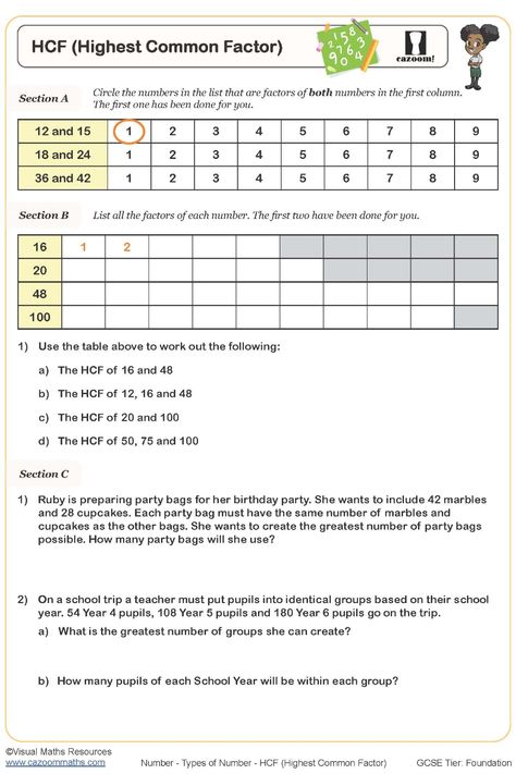 Explore this interactive worksheet focusing on determining the Highest Common Factor (HCF). The worksheet guides you through identifying common factors, advancing to discovering the highest common factor, and finally applying it to solve various mathematical problems. Improve your HCF skills in a structured and engaging way with this comprehensive resource. Highest Common Factor, Year 9 Maths Worksheets, Ks3 Maths Worksheets, Year 8 Maths Worksheets, Ks1 Maths Worksheets, Year 6 Maths Worksheets, Year 5 Maths Worksheets, Year 7 Maths Worksheets, Year 4 Maths Worksheets