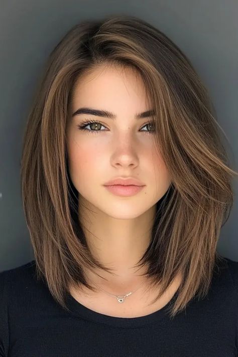 Young woman with straight, shoulder-length brown hair, wearing a black top, looking directly at the camera. Simply Hairstyle, Brunette Babylights, Haircut Ideas For Girls, Simply Hairstyles, The Butterfly Haircut, Haircut For Long Hair, Short Locks, Styles For Summer, Chic Hairstyle