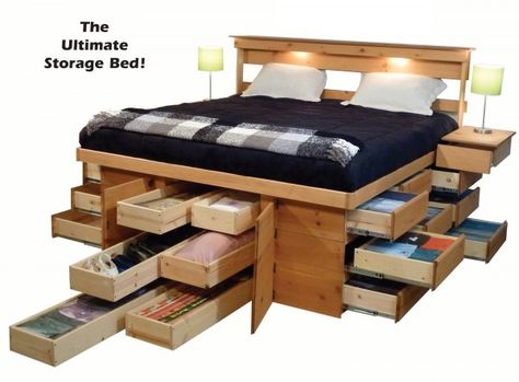 Ultimate Bed Platform Beds with Drawers - the 18-drawer king is my dream bed Diy Storage Bed, Bedding King, Platform Bed With Drawers, Murphy Bed Ikea, Diy Platform Bed, Bed Frame With Drawers, Murphy Bed Plans, Adjustable Bed Frame, Bed Platform