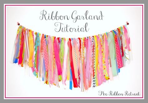 Ribbon Garland Tutorial - The Ribbon Retreat Blog Bunting Ideas, Ribbon Curtain, Rainbow Backdrop, Garland Tutorial, Garland Ideas, Chic Bridal Showers, Fringe Backdrops, Ribbon Garland, Modern Rainbow