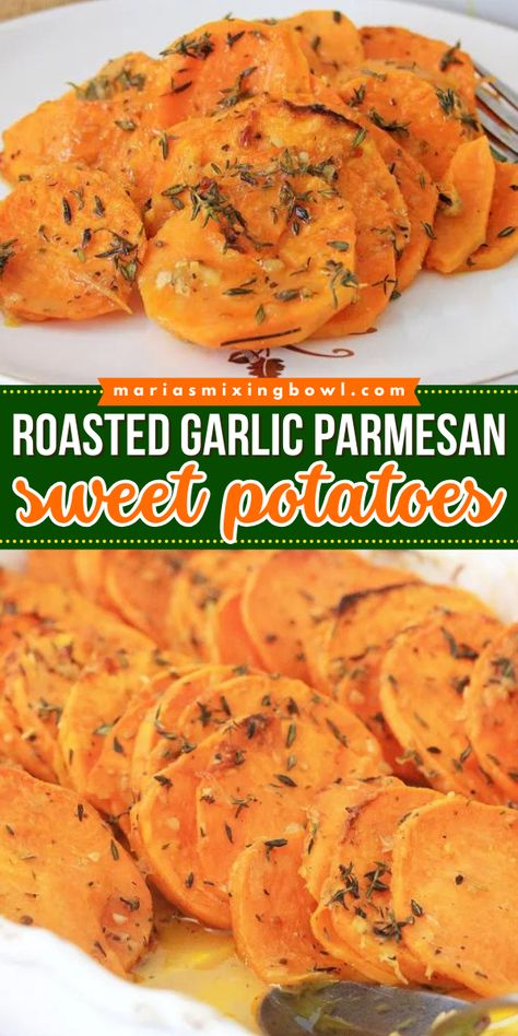 A must-have at your Thanksgiving dinner party! These roasted sweet potatoes are the BEST. Not only are these oven roasted garlic parmesan potatoes tender and flavorful, but they are also healthy. Definitely a perfect Thanksgiving side dish recipe! Roasted Garlic Parmesan Sweet Potatoes, Garlic Butter Sweet Potato, Roasted Garlic Sweet Potatoes, Oven Roasted Sweet Potato Recipes, Garlic Parmesan Sweet Potatoes, Roasted Garlic Parmesan Potatoes, Parmesan Sweet Potatoes, Garlic Sweet Potatoes, Baked Sweet Potato Slices