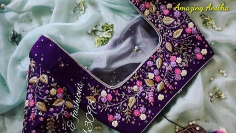 Floral Work Blouse Designs, Navy Blue Aari Work Blouse Design, Purple Colour Blouse Aari Work, Purple Colour Blouse Maggam Work Designs, Purple Blouse Work Designs, Latest Blouse Neck Designs, Heavy Blouse, Blue Blouse Designs, Maggam Blouse